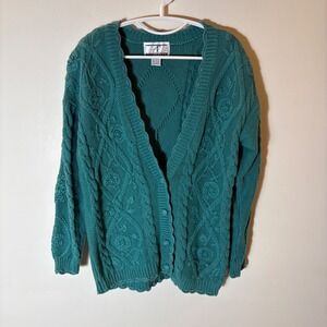 ACCORDEON Vintage 90s Ramie Cotton Cable Knit Cardigan Floral Textured Teal M